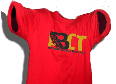 Red t-shirt with large yellow and black letters "BCT" and text below reading "For When You Need to Act Out.