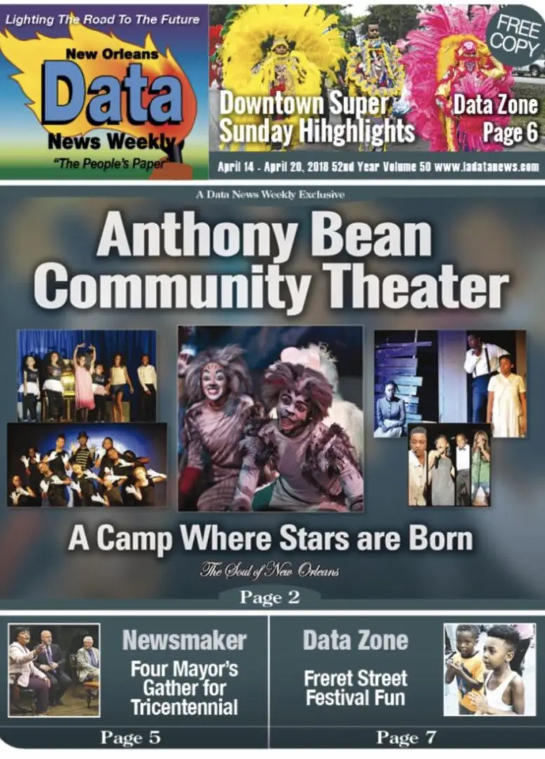 Front page of a newspaper featuring the Anthony Bean Community Theater, with images of performances, a "Camp Where Stars Are Born" headline, and articles about a mayor's gathering and Feret Fest.