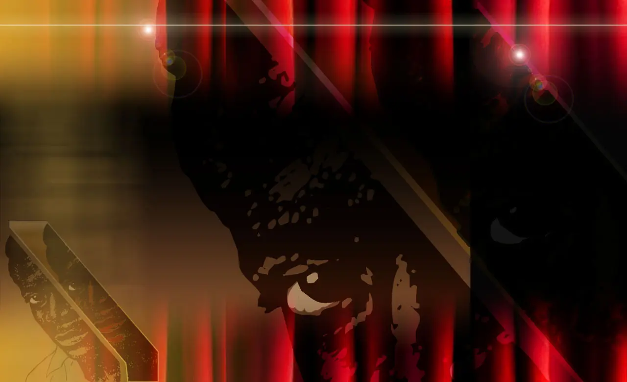 Abstract image featuring a dark, stylized face with intense eyes, surrounded by red and black striped patterns and light flares.