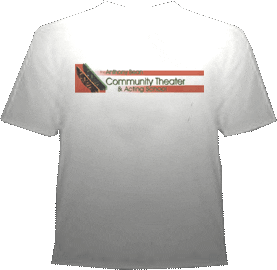 White T-shirt with "Community Theater & Acting School" printed on the back in a rectangular design.