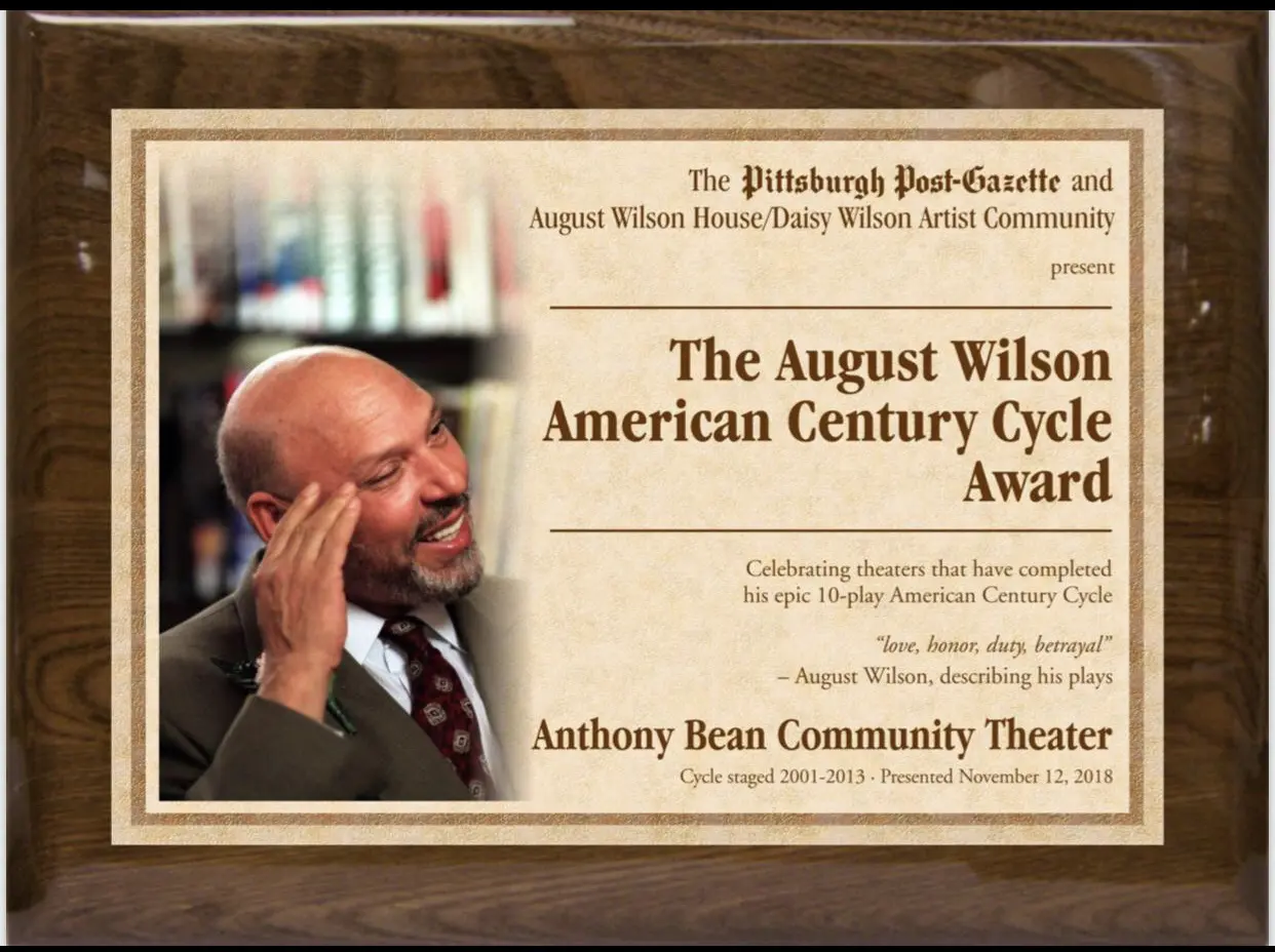 A plaque with an award for the august wilson american century cycle.