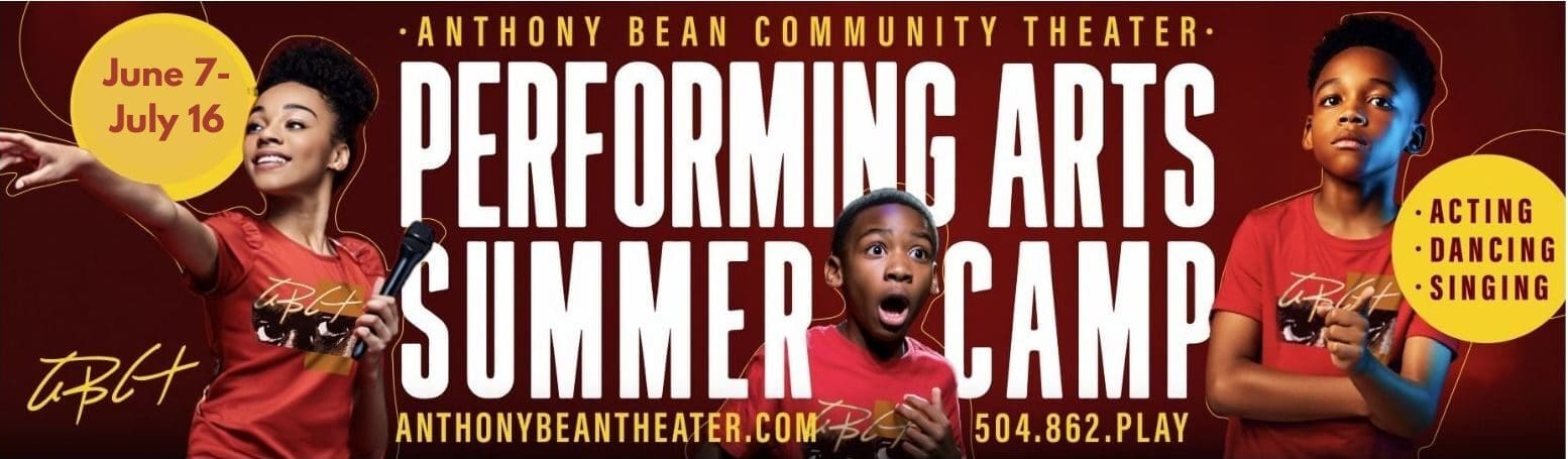 Three children in red shirts, camp advertisement