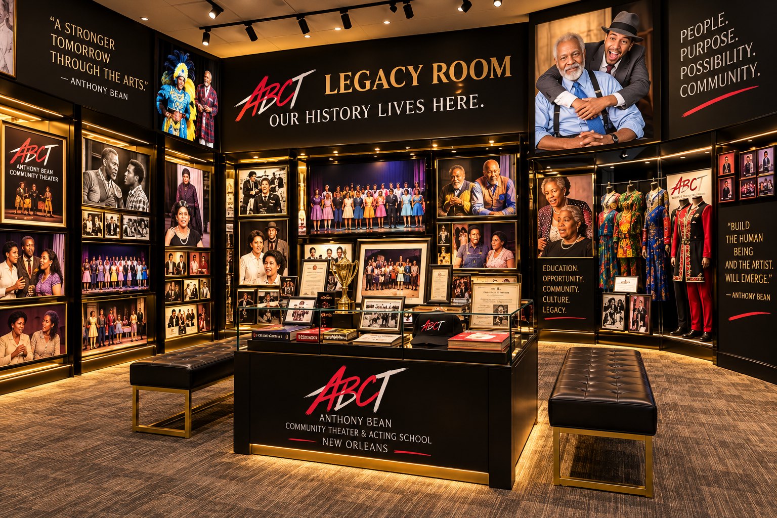 Rendering of the ABCT Legacy Room with photos, awards and costumes