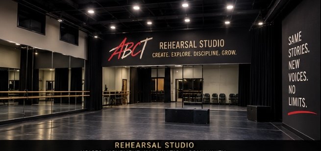 Rendering of a rehearsal studio with mirrors and barres