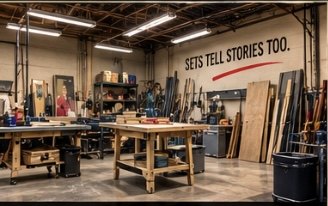 Rendering of a scene shop with workbenches
