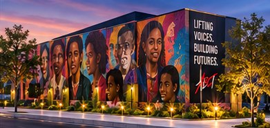 Conceptual rendering of the side of the building with a mural of young people's faces