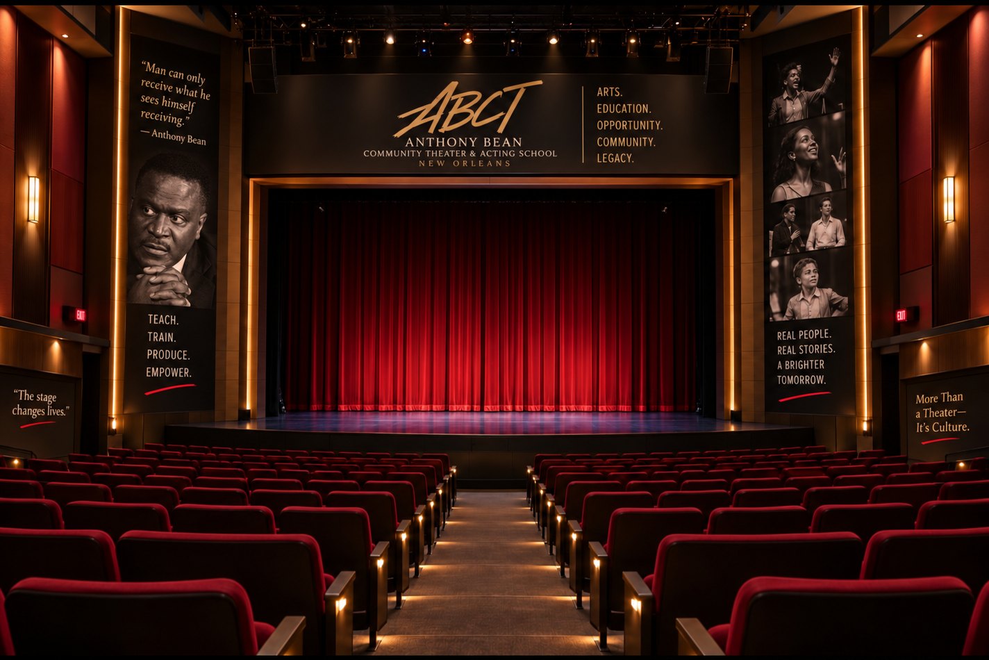 Rendering of a 300-seat theater with red seats and curtain