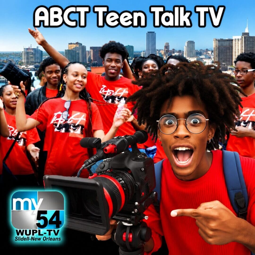 Excited teen pointing at video camera